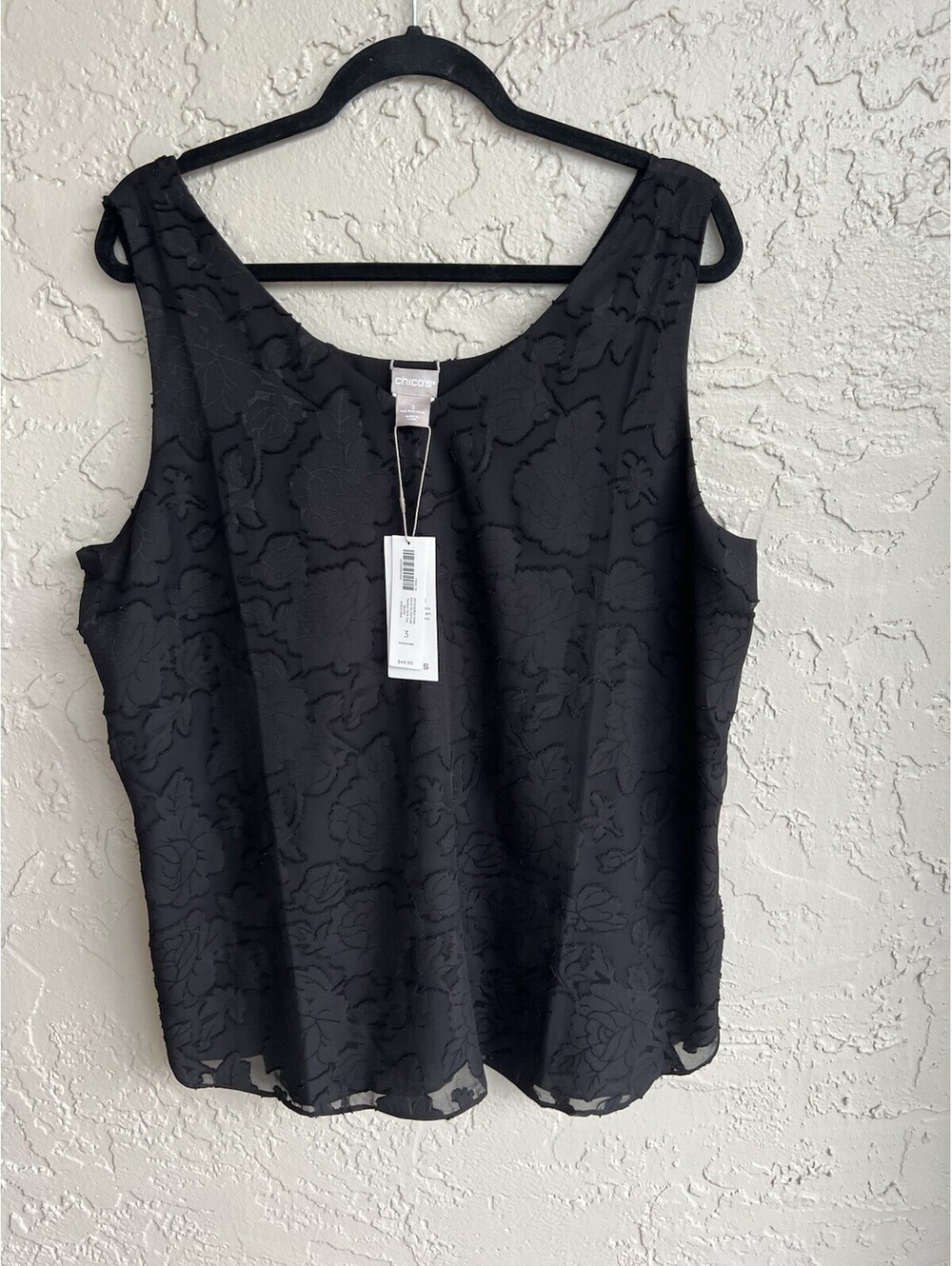 New Chico's Tank XL Top Womens 3 Black Convertible Reversible Floral Jacquard